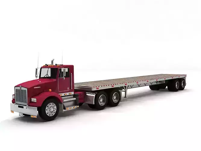 Semi Truck With Flatbed and Box Trailers Low-poly 3D model