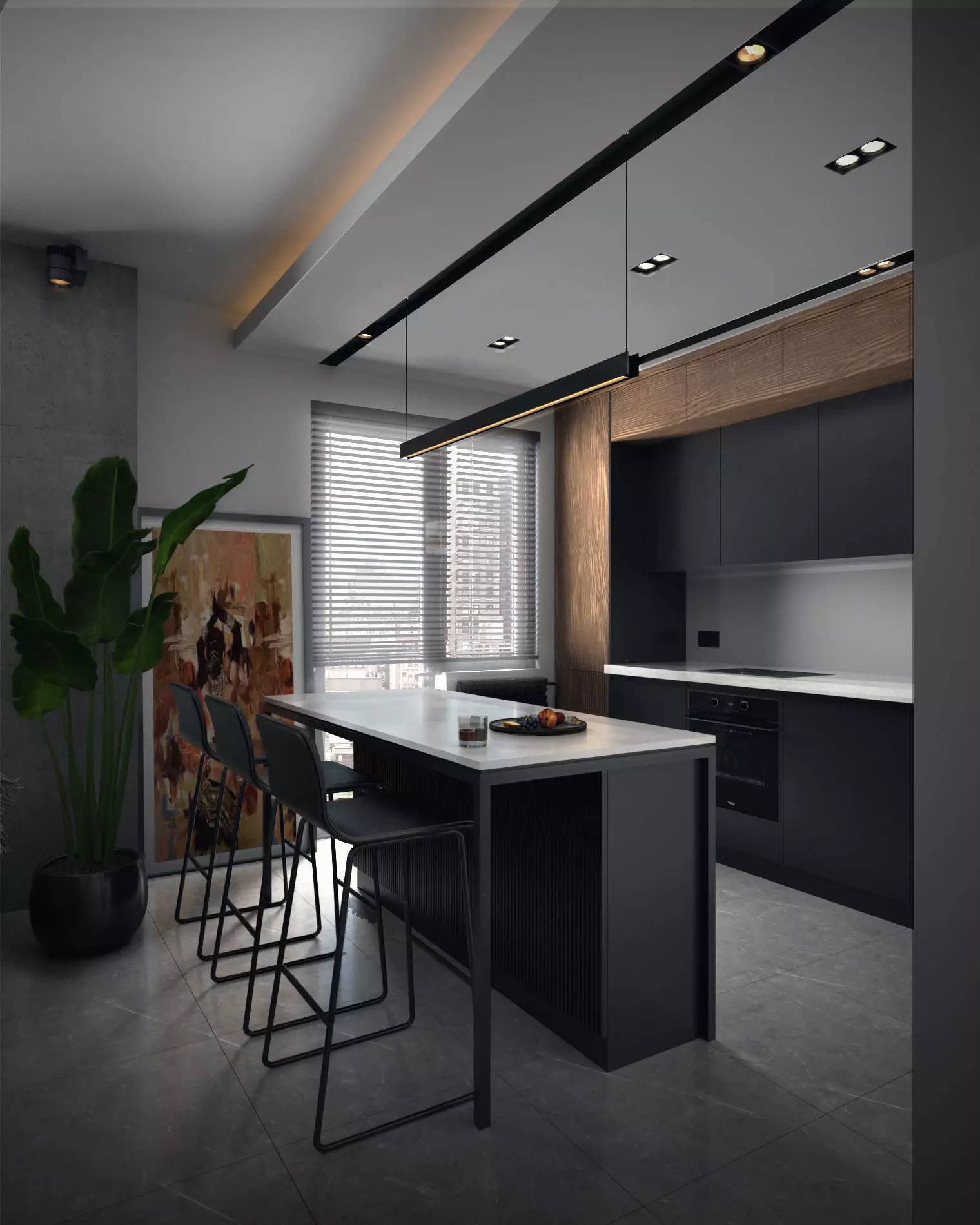 Black and wood modern kitchen Vray settings 3D model