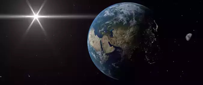 Earth from space with bright star in sky