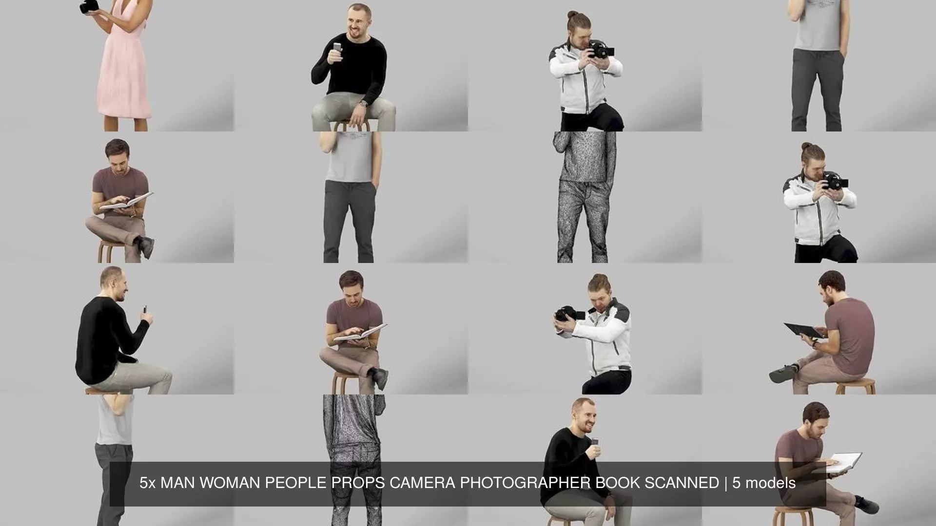 5x MAN WOMAN PEOPLE PROPS CAMERA PHOTOGRAPHER BOOK SCANNED 3D Model Collection_0