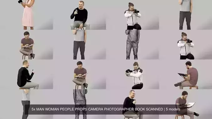 5x MAN WOMAN PEOPLE PROPS CAMERA PHOTOGRAPHER BOOK SCANNED 3D Model Collection