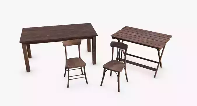 Bunker Tables and Chairs WWII Low-poly 3D model