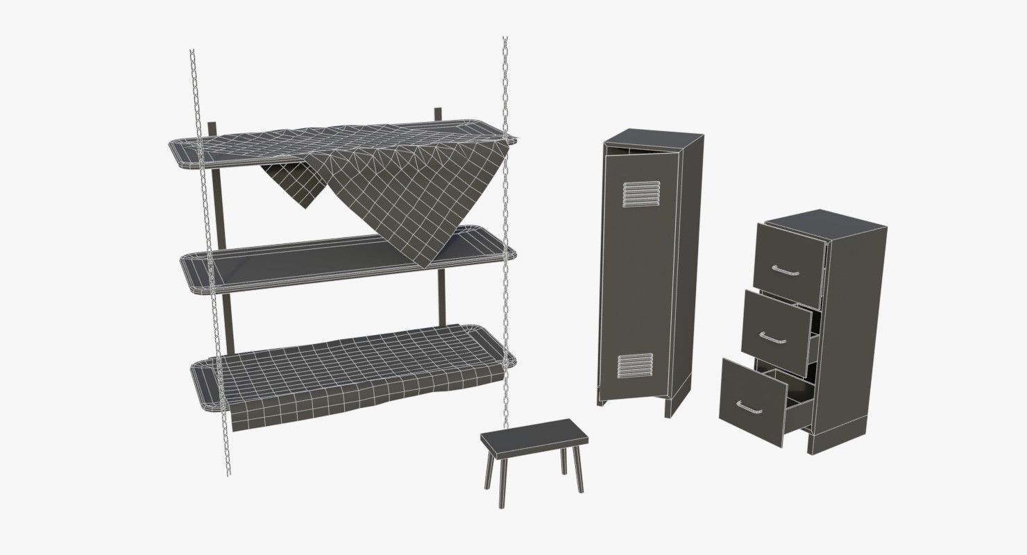 Bunker Beds and Cabinets WWII Low-poly 3D model_10