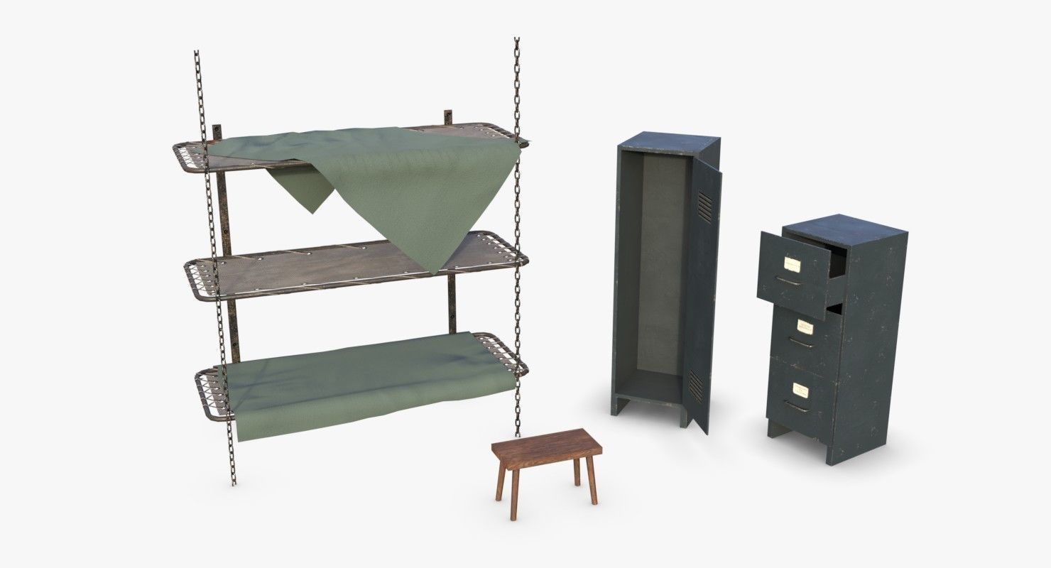 Bunker Beds and Cabinets WWII Low-poly 3D model_1