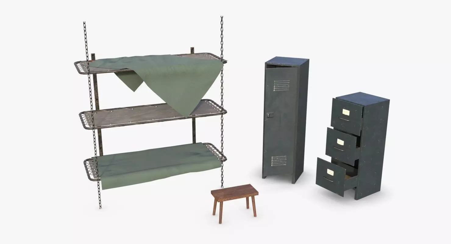 Bunker Beds and Cabinets WWII Low-poly 3D model_0