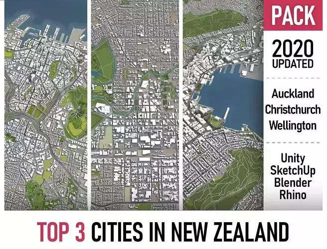 TOP 3 New Zealand Cities MEGAPACK 3D Model Collection