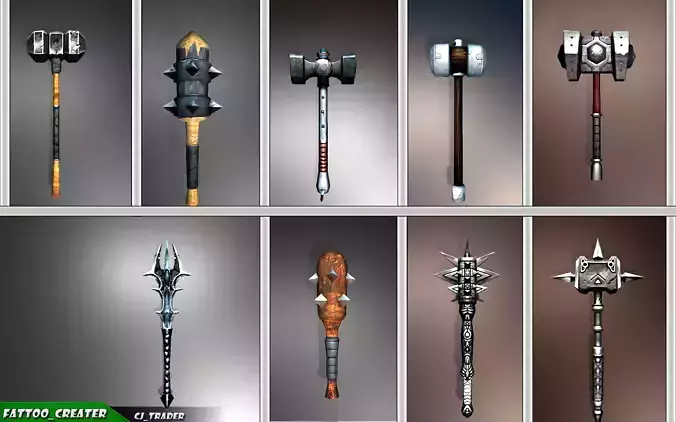 Fantasy Mace - Hammer Collection Pack Low-Poly 3D Model 