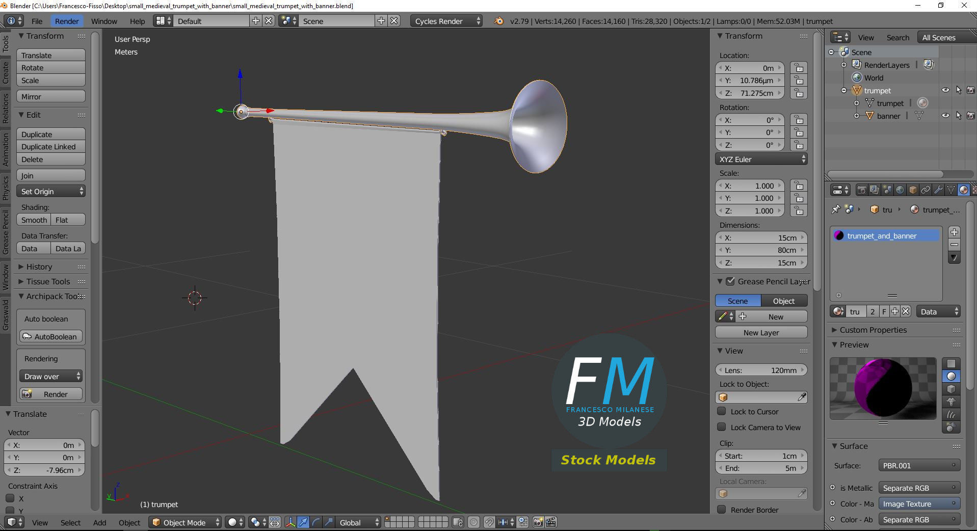 Small medieval trumpet with banner 3D model_9