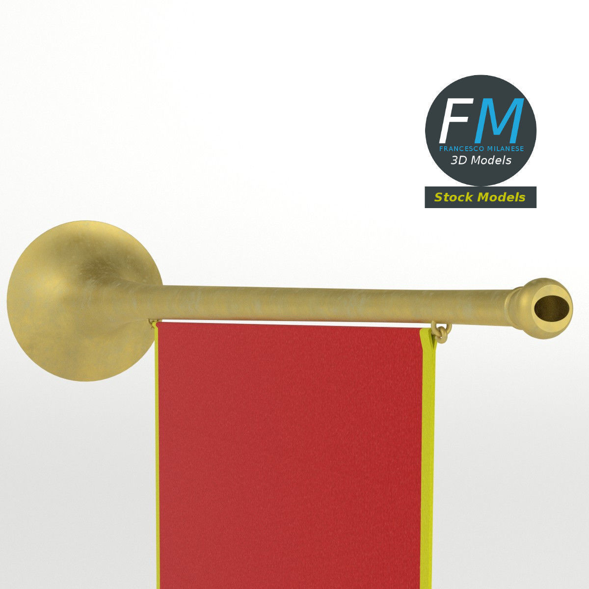 Small medieval trumpet with banner 3D model_4