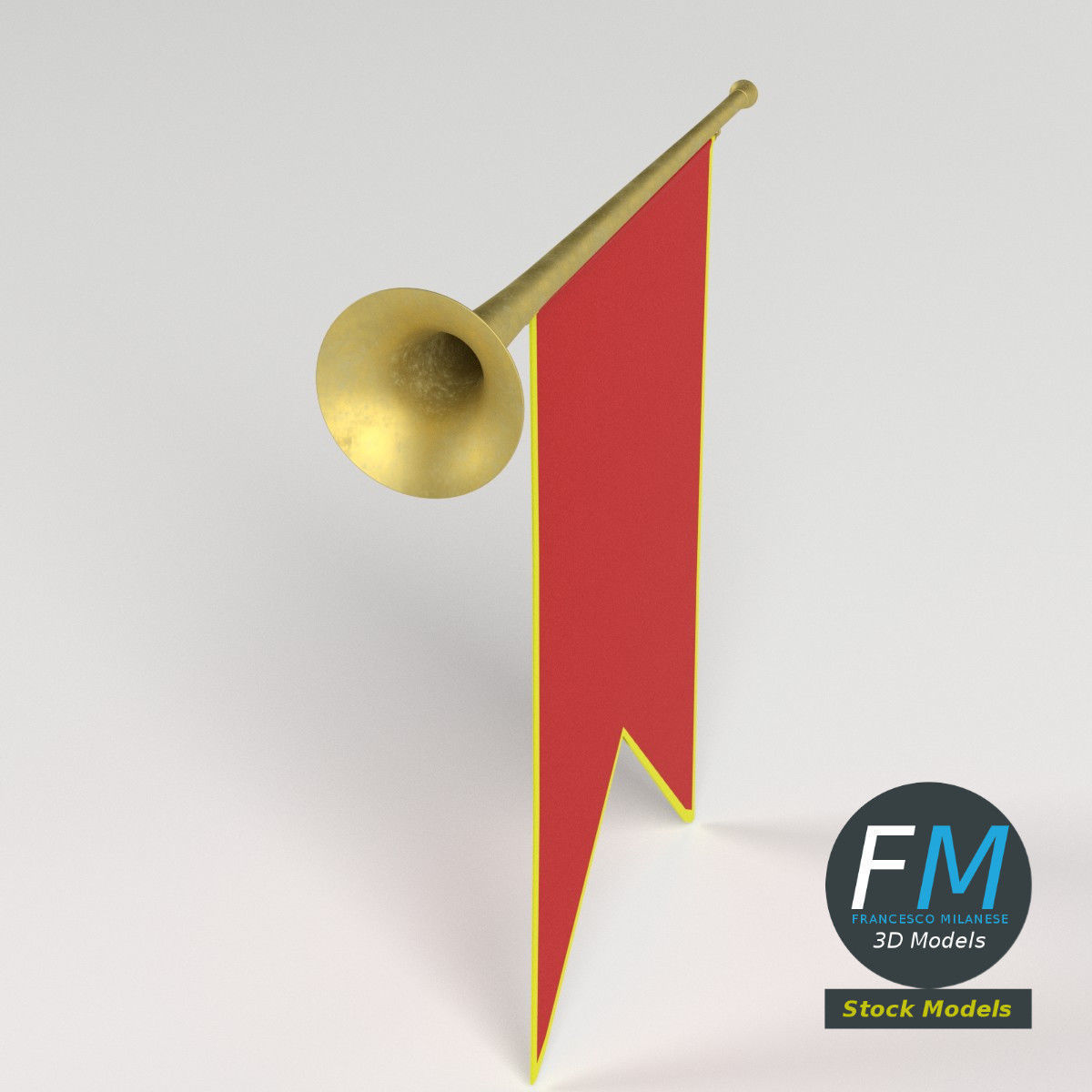 Small medieval trumpet with banner 3D model_2