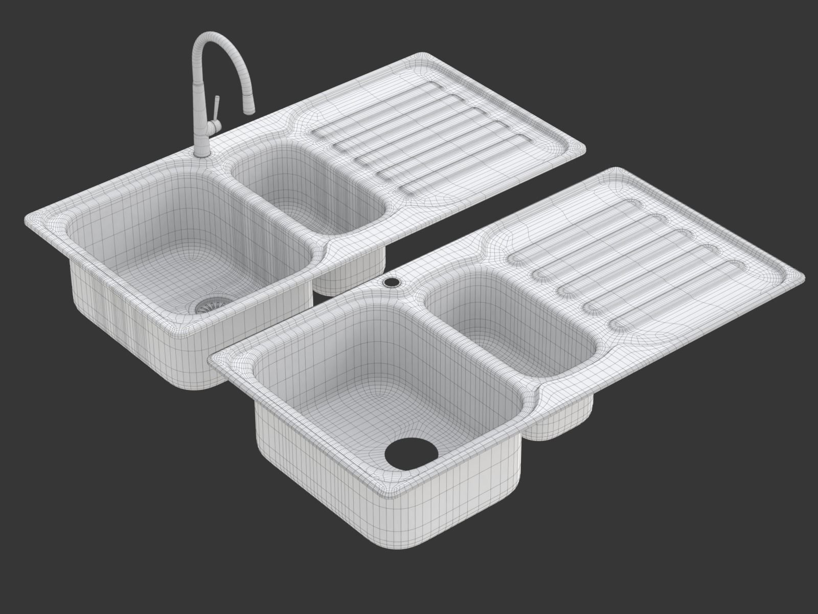 Kitchen Sink with double Bowl Tap and Drain 3D model_37