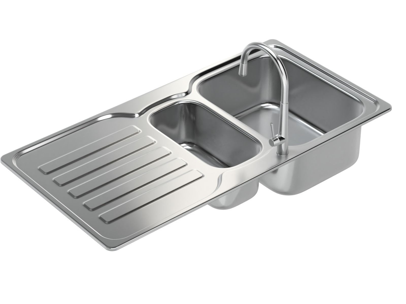 Kitchen Sink with double Bowl Tap and Drain 3D model_7