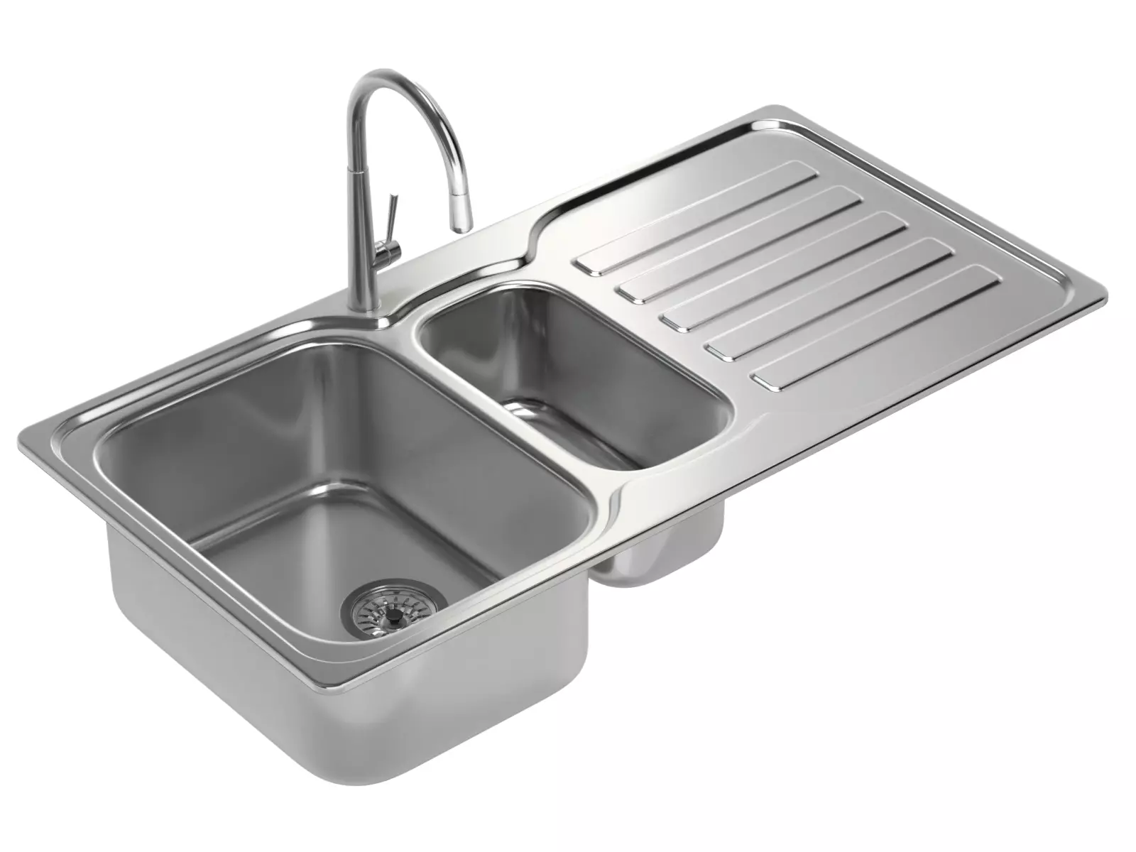 Kitchen Sink with double Bowl Tap and Drain 3D model_0