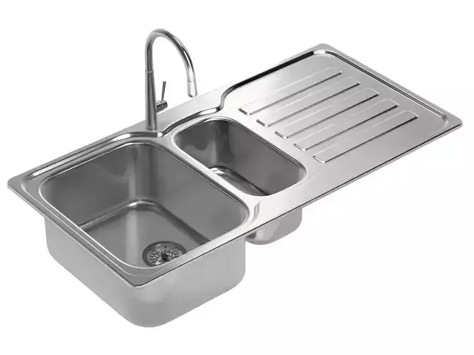 Kitchen Sink with double Bowl Tap and Drain 3D model