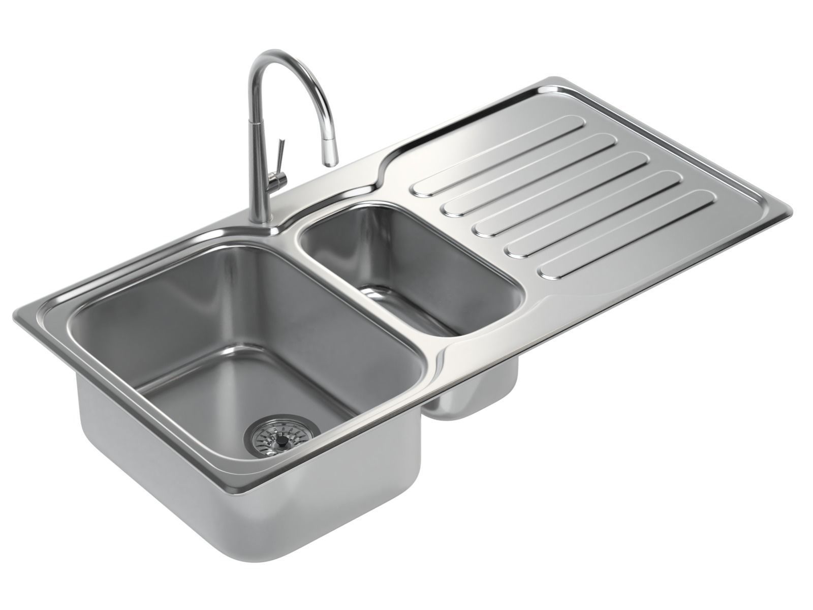 Kitchen Sink with double Bowl Tap and Drain 3D model_1