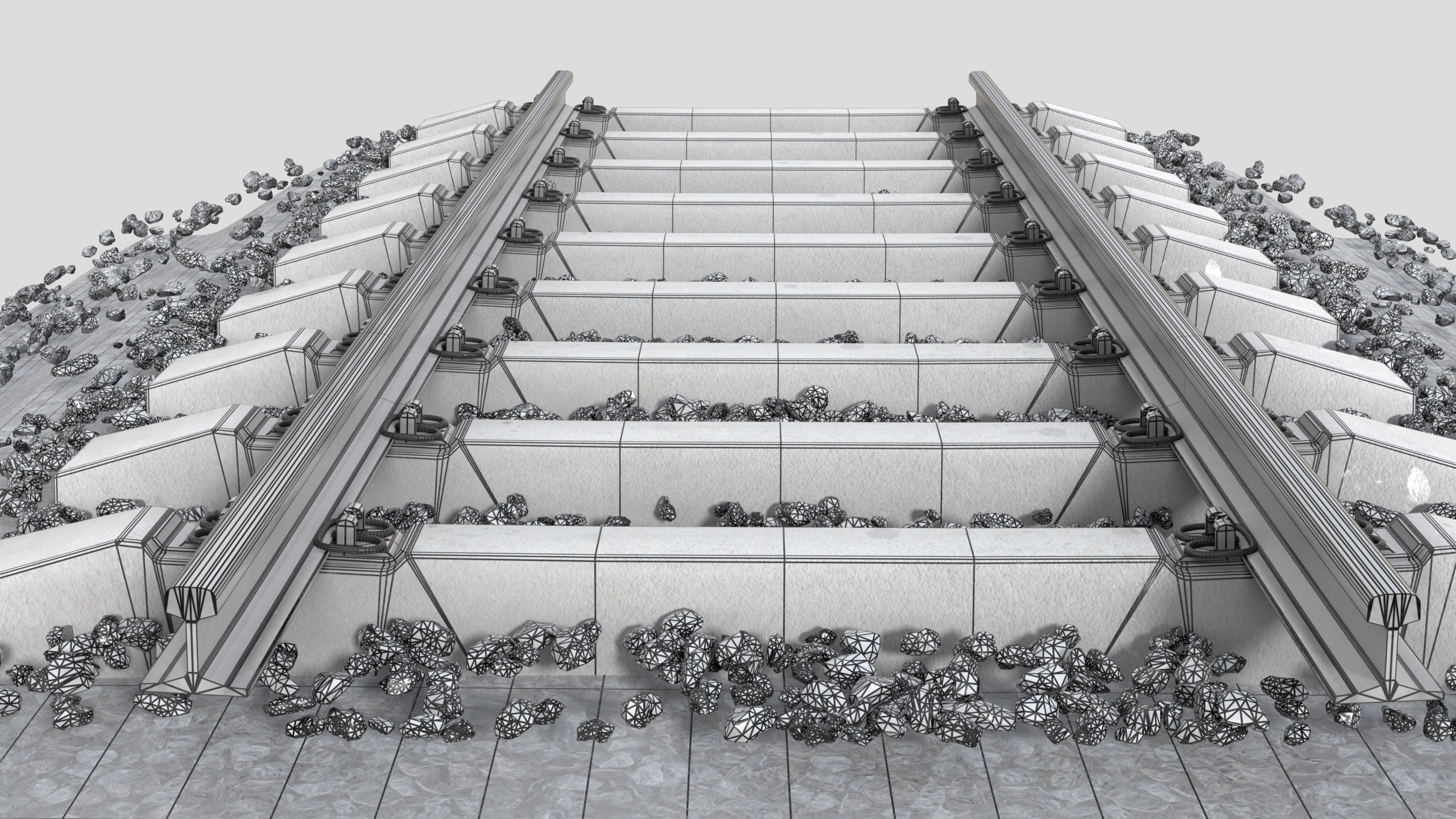 Railway railroad track with stones 3D model_9