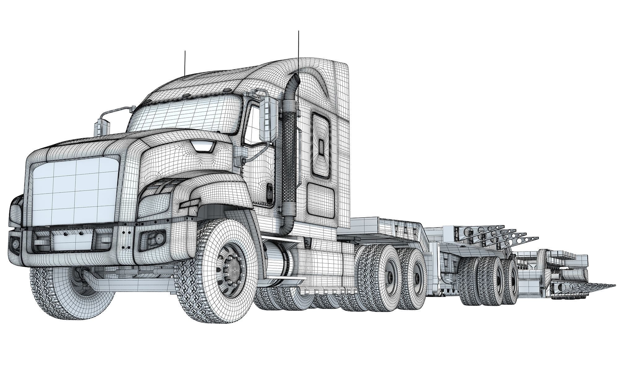 Semi Truck with Lowboy Trailer 3D model_18