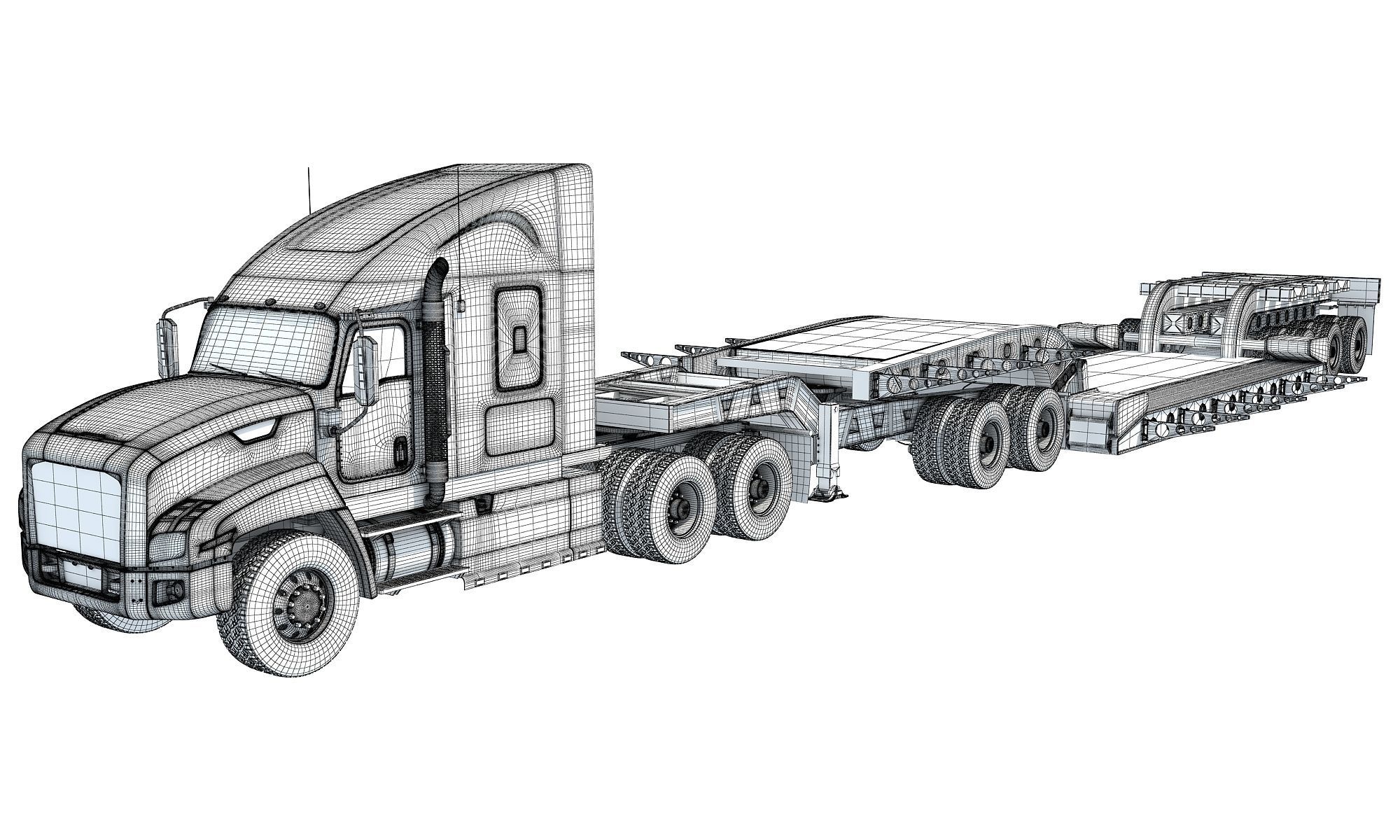 Semi Truck with Lowboy Trailer 3D model_19