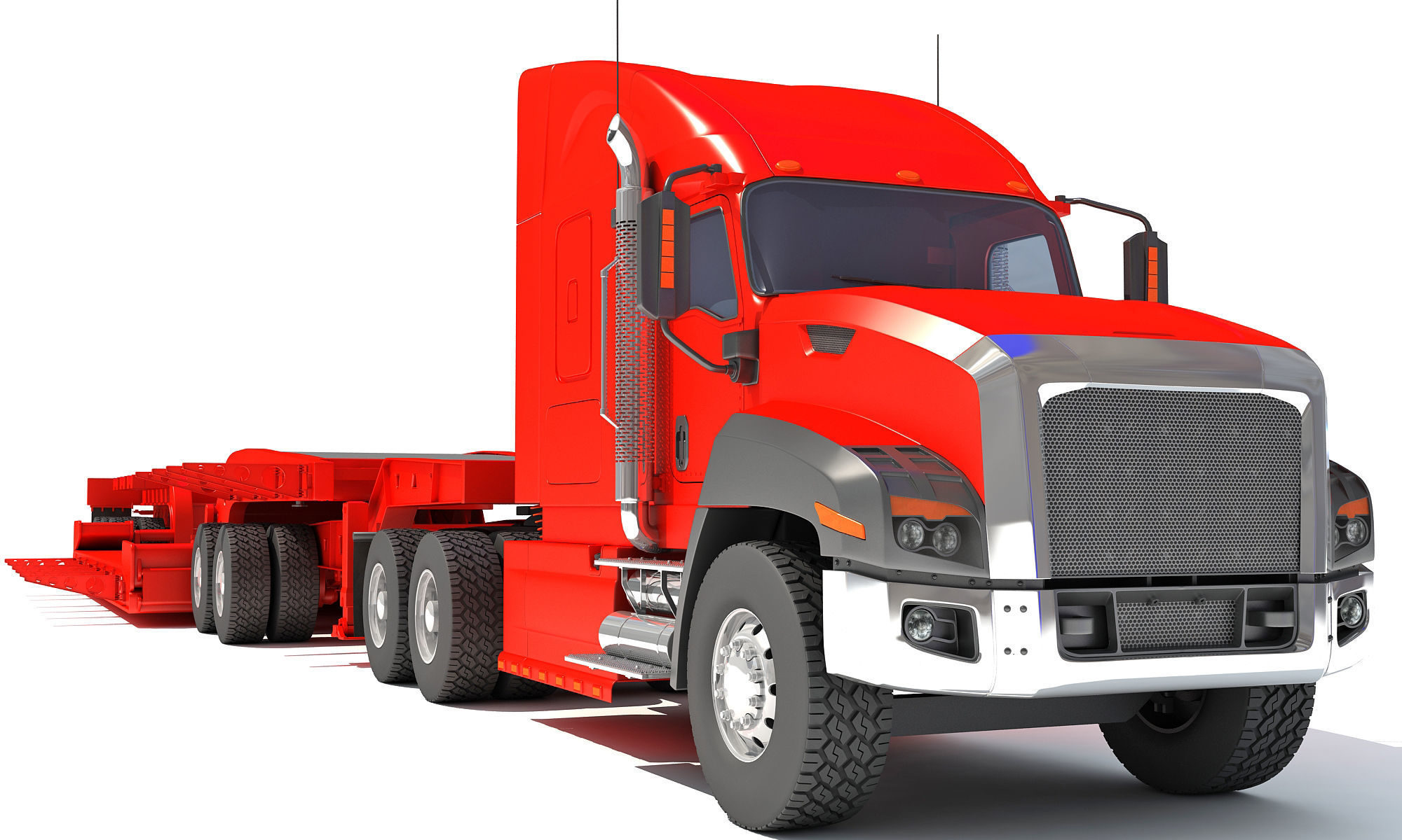Semi Truck with Lowboy Trailer 3D model_12