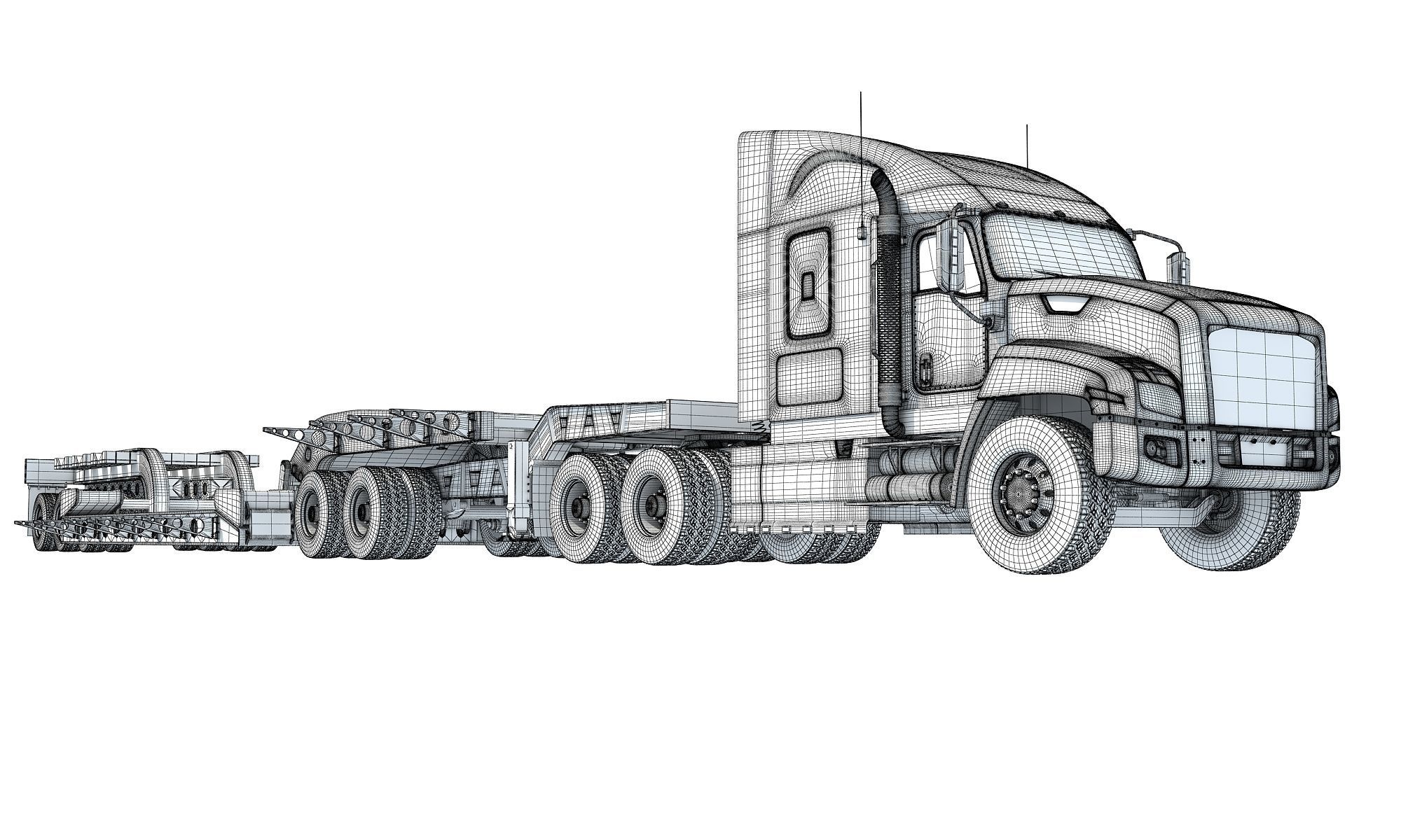 Semi Truck with Lowboy Trailer 3D model_22