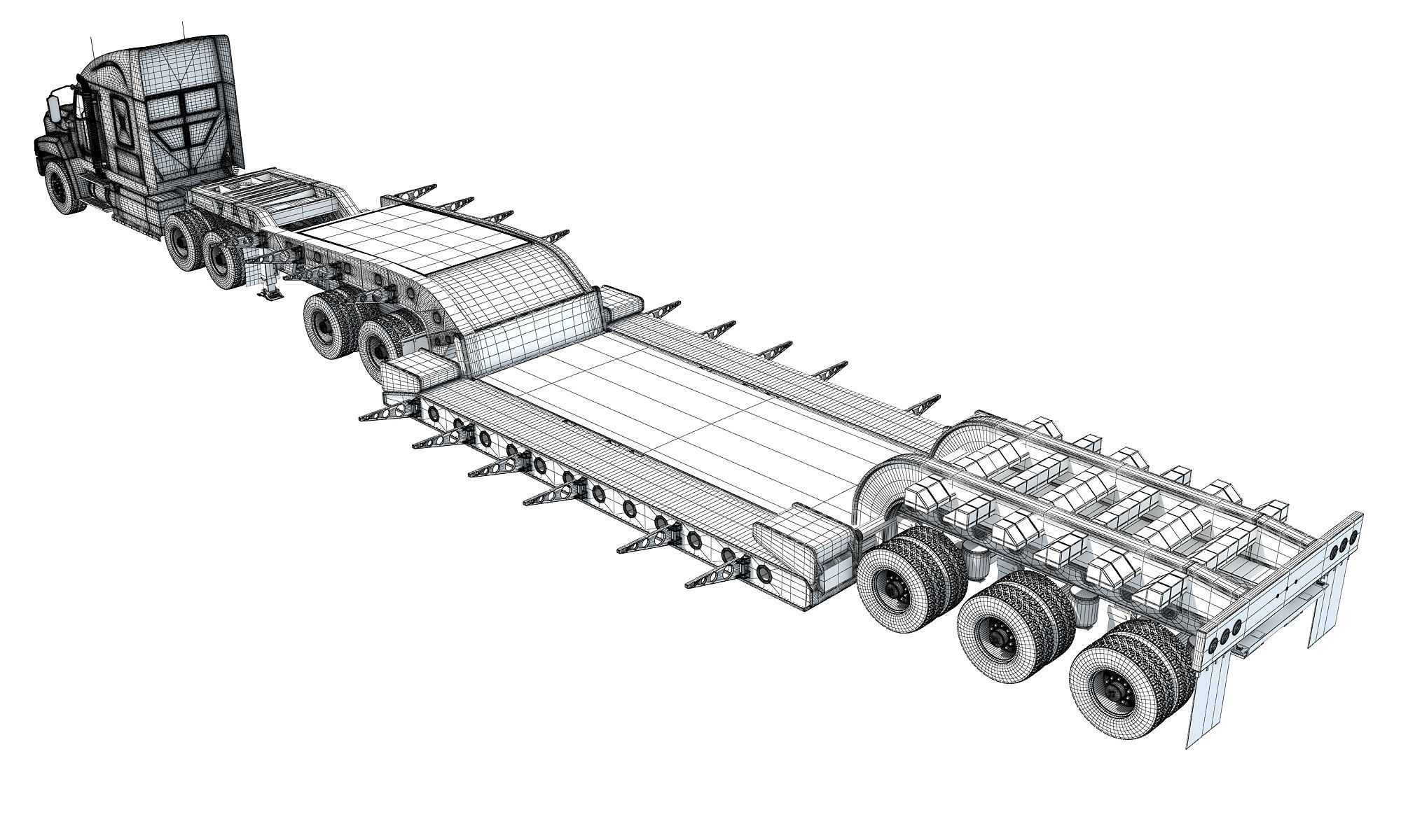 Semi Truck with Lowboy Trailer 3D model_20