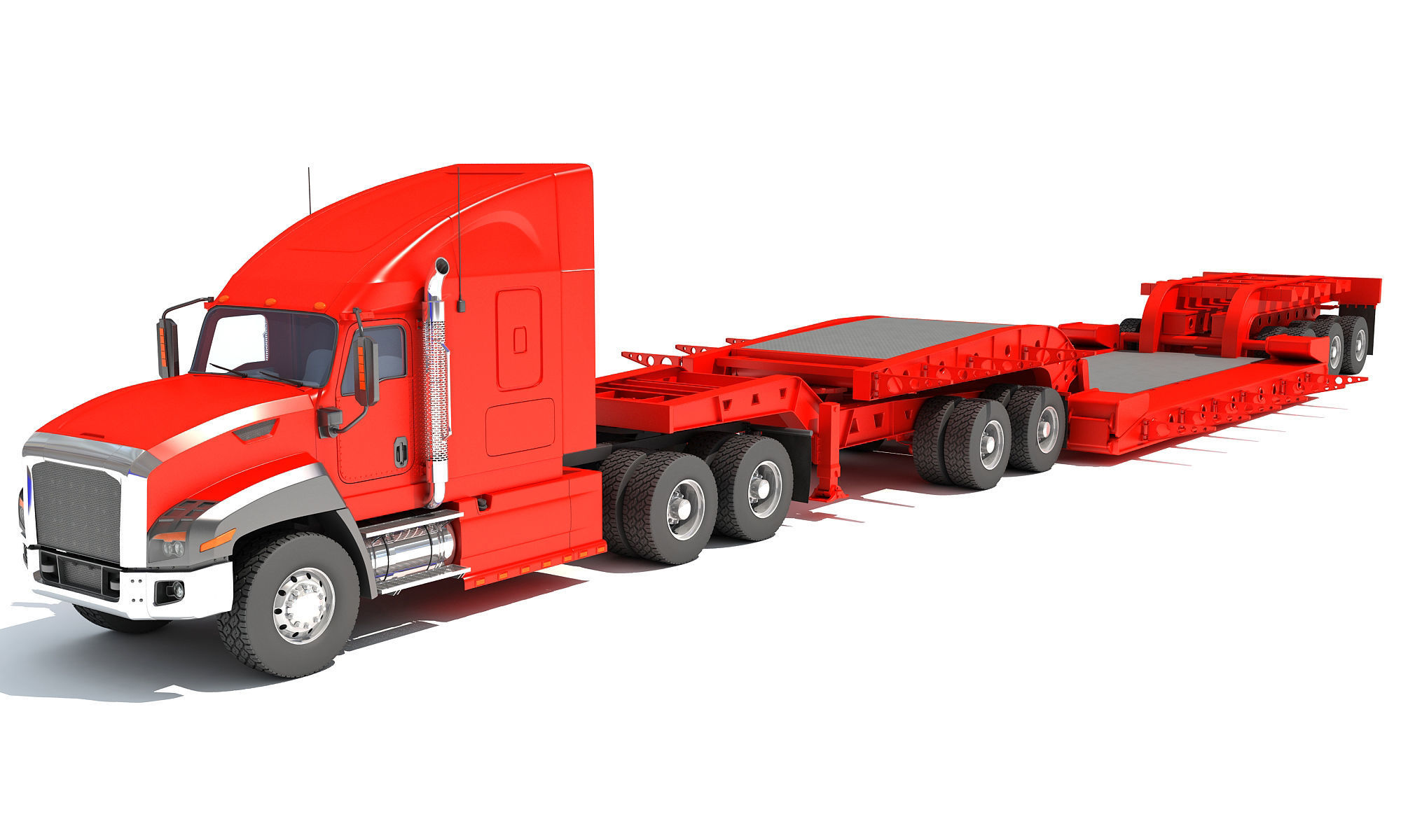 Semi Truck with Lowboy Trailer 3D model_1