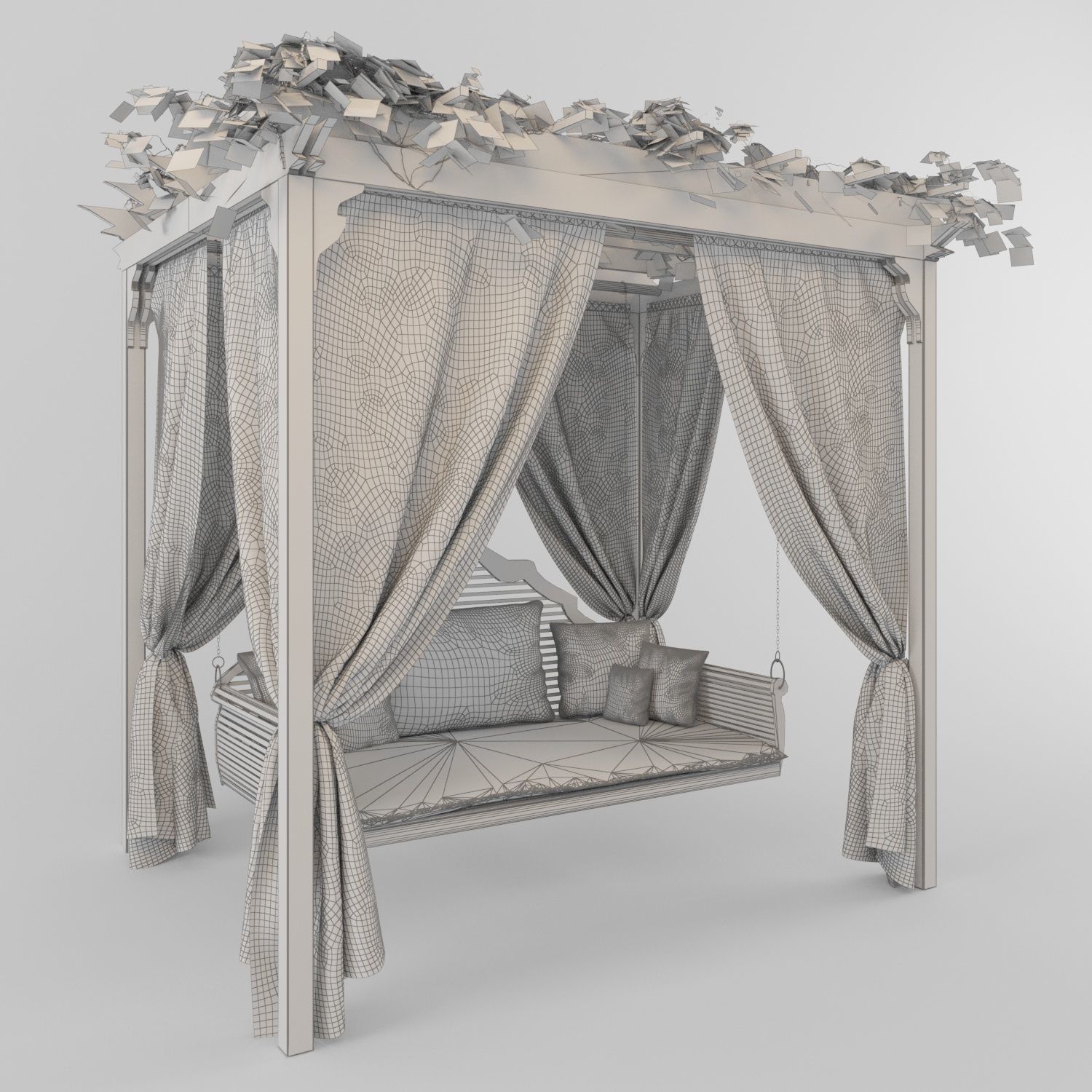 pergola wooden swing bed with curtains 3D model_1