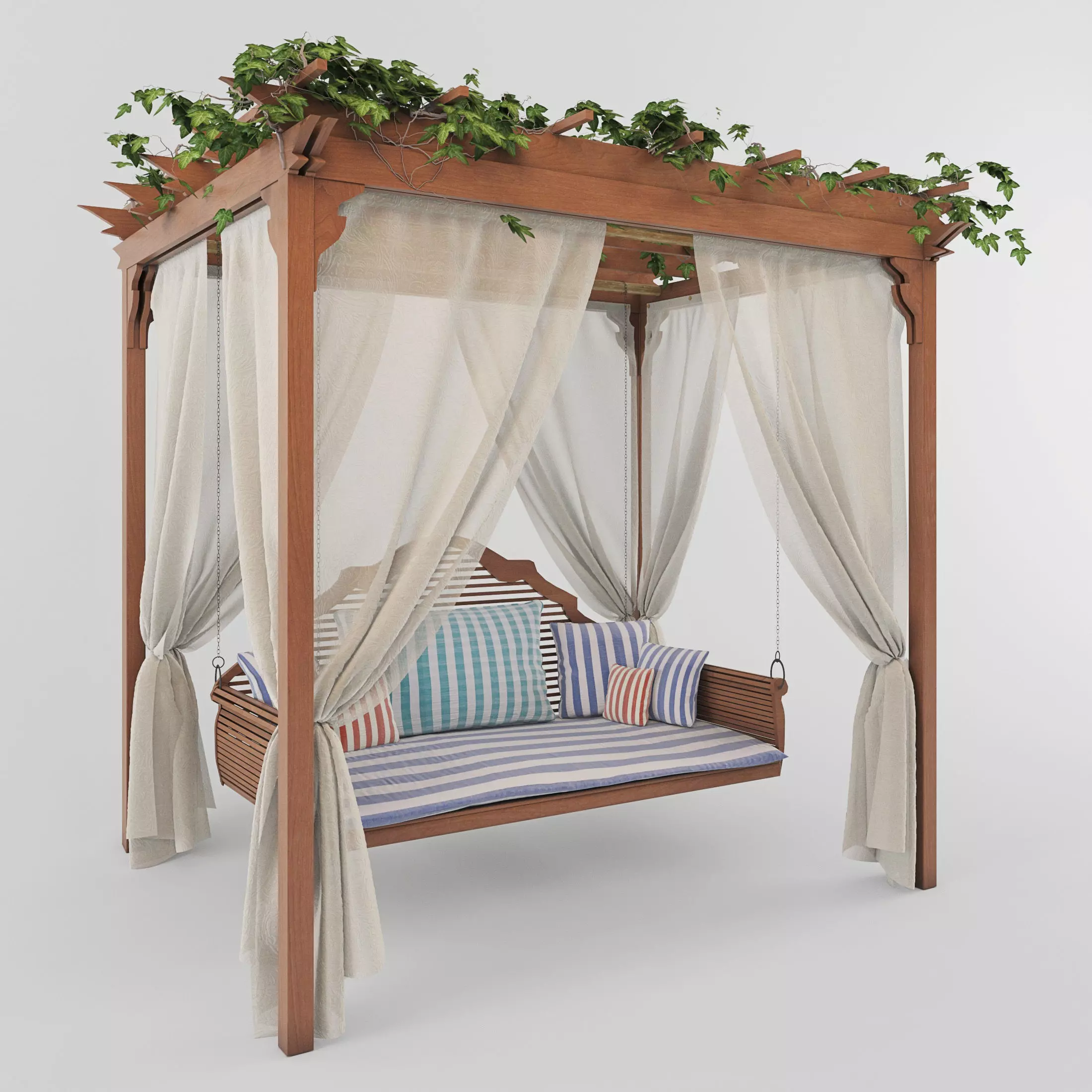 pergola wooden swing bed with curtains 3D model_0