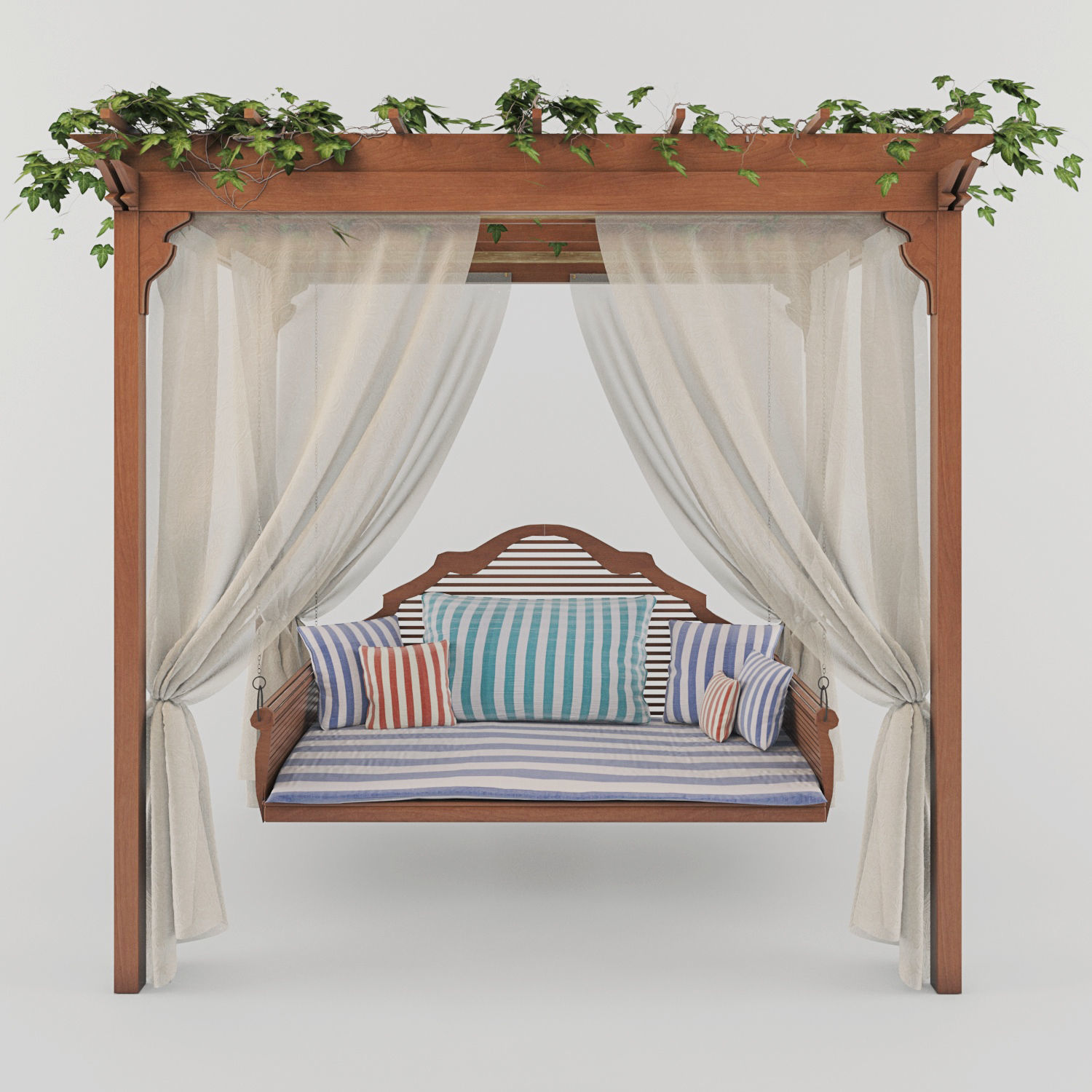 pergola wooden swing bed with curtains 3D model_2