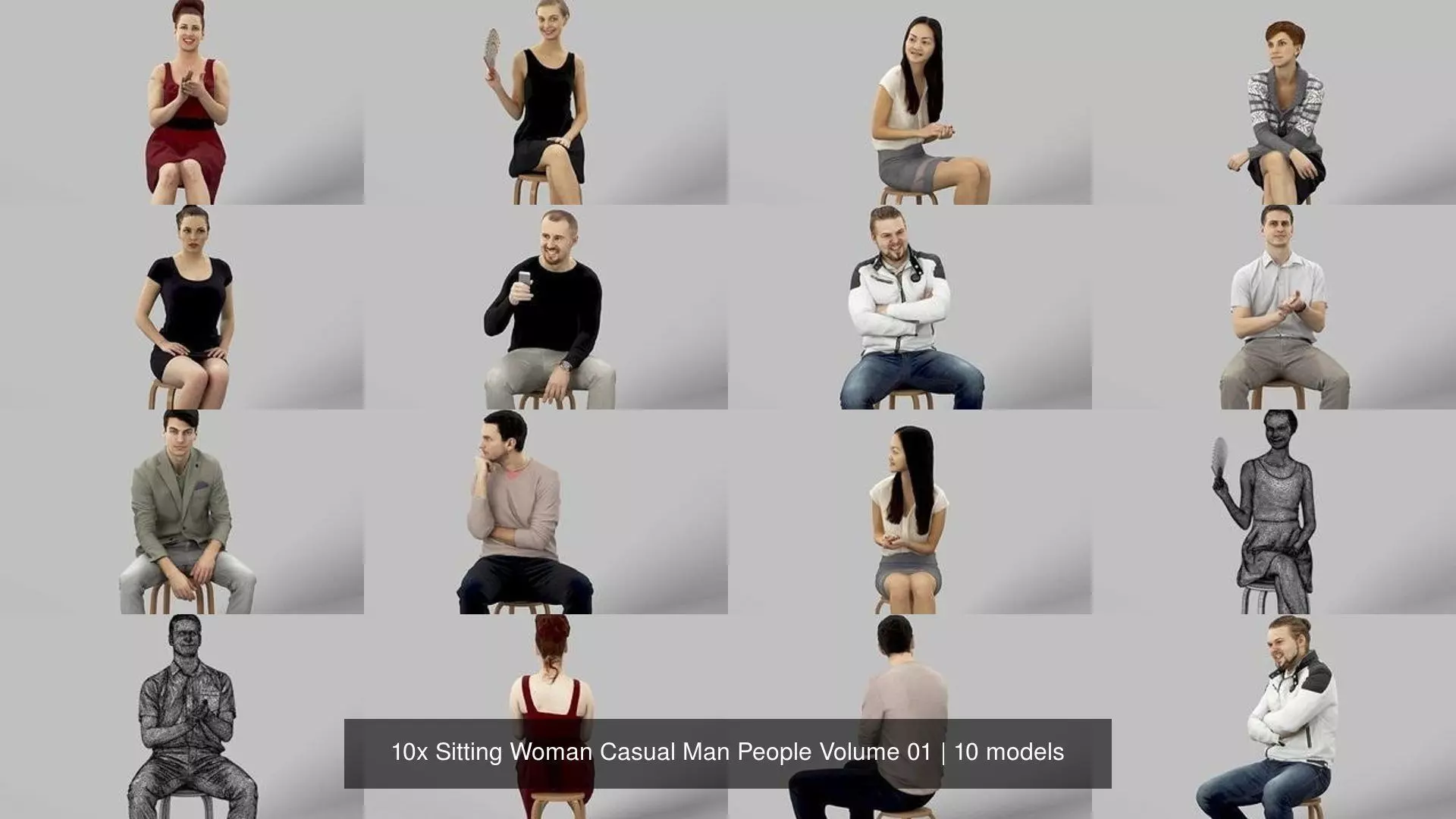 10x Sitting Woman Casual Man People Volume 01 3D Model Collection_0
