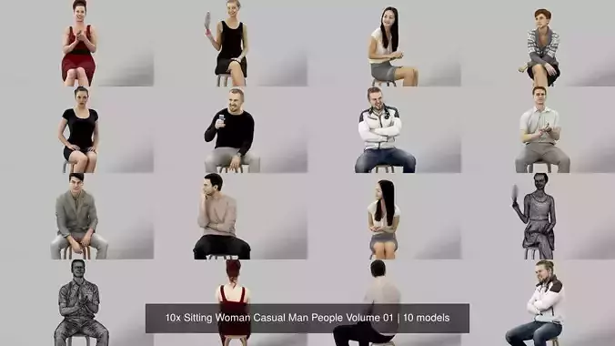 10x Sitting Woman Casual Man People Volume 01 3D Model Collection
