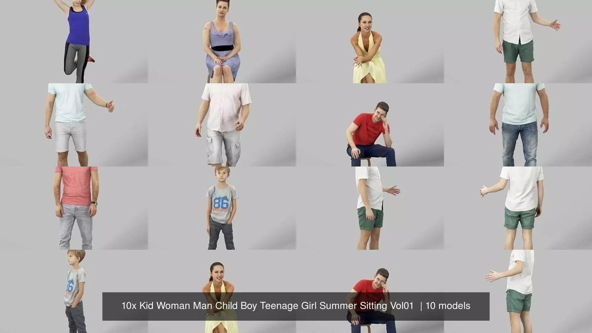 10x Kid Woman Man Child Boy Teenage Girl Summer Sitting Vol01  3D Model Collection_0