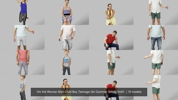 10x Kid Woman Man Child Boy Teenage Girl Summer Sitting Vol01  3D Model Collection