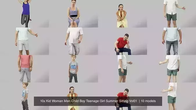 10x Kid Woman Man Child Boy Teenage Girl Summer Sitting Vol01  3D Model Collection