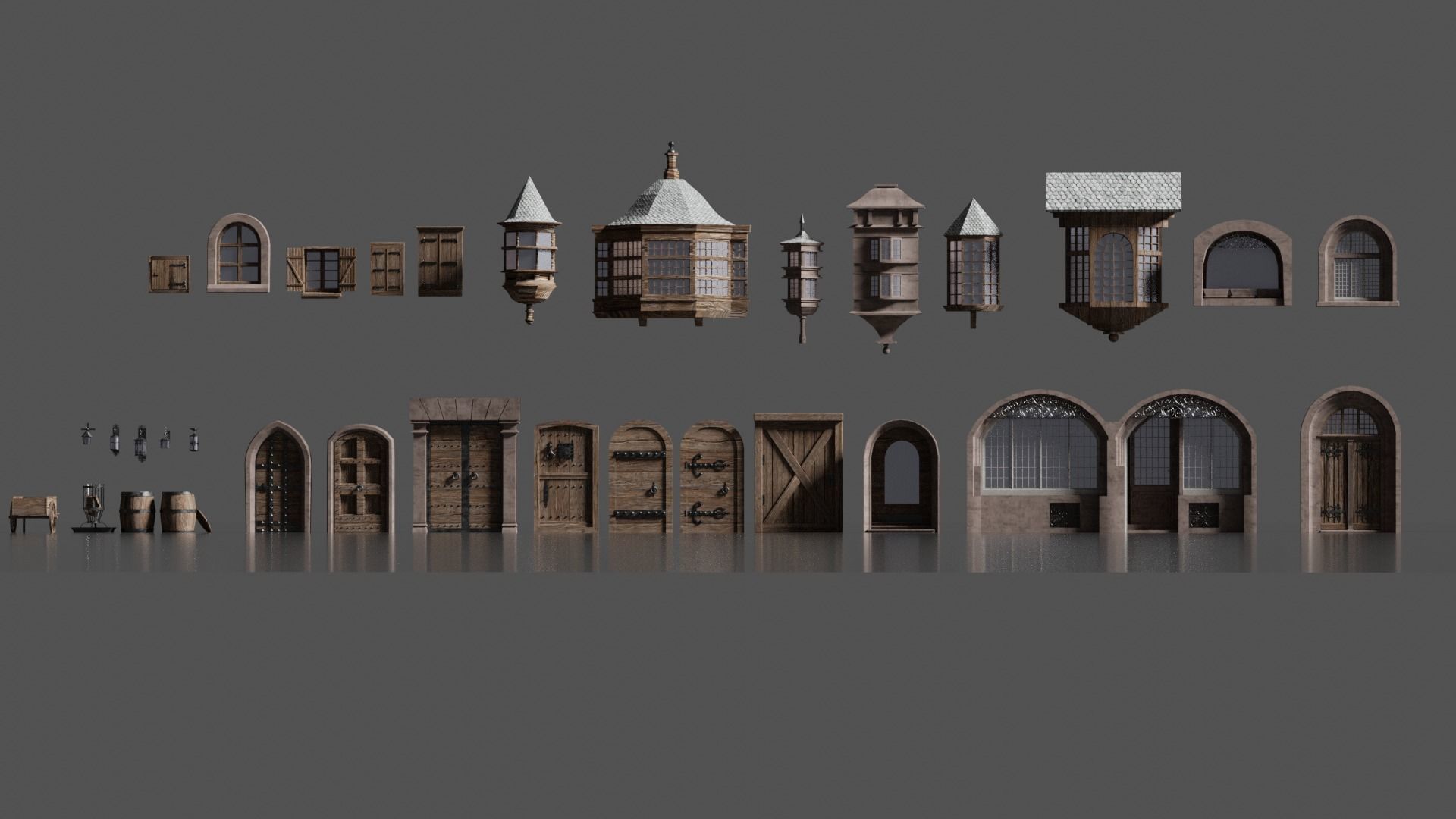 Medieval Door and Windows Low-poly 3D model_8