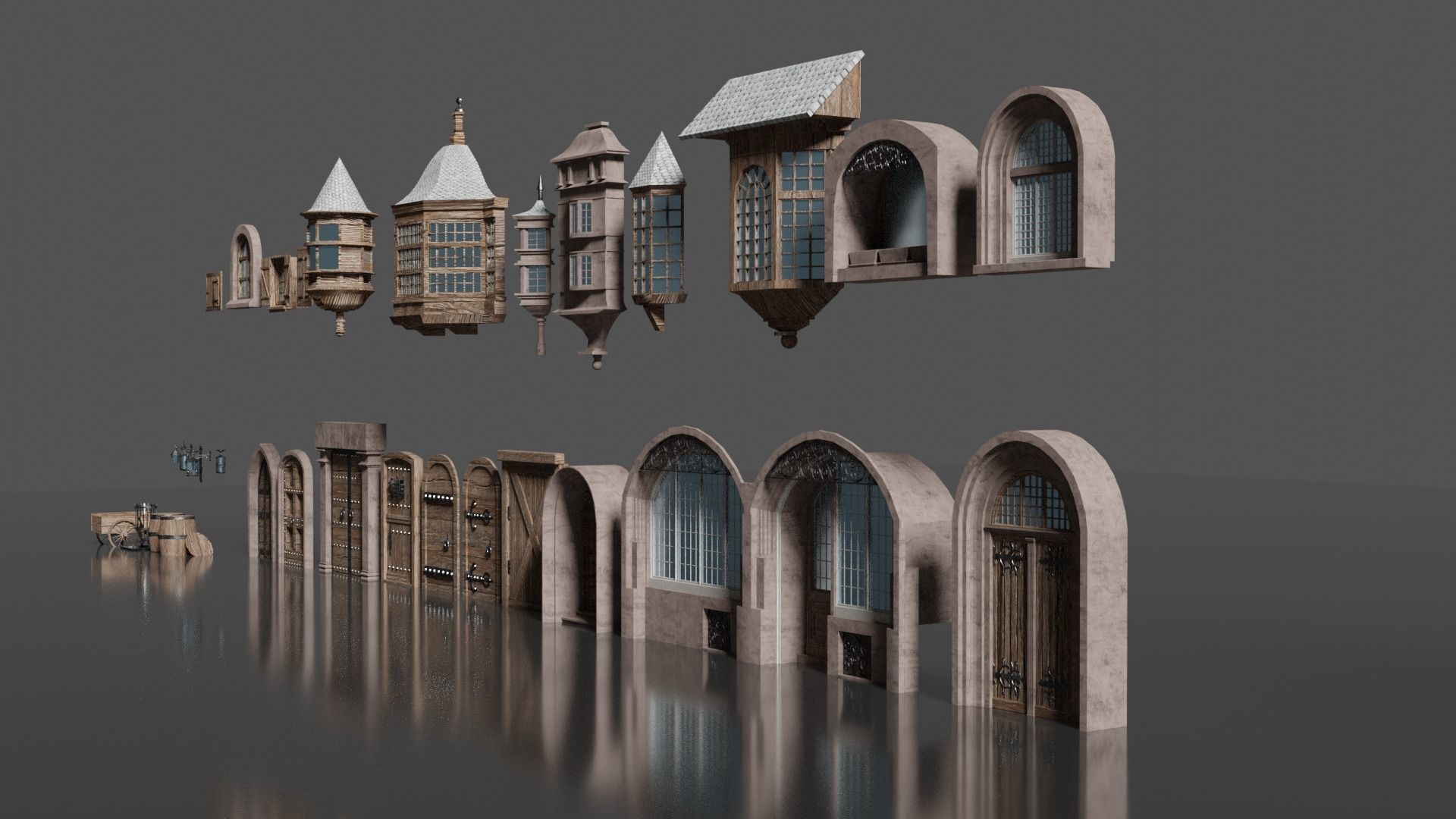 Medieval Door and Windows Low-poly 3D model_1