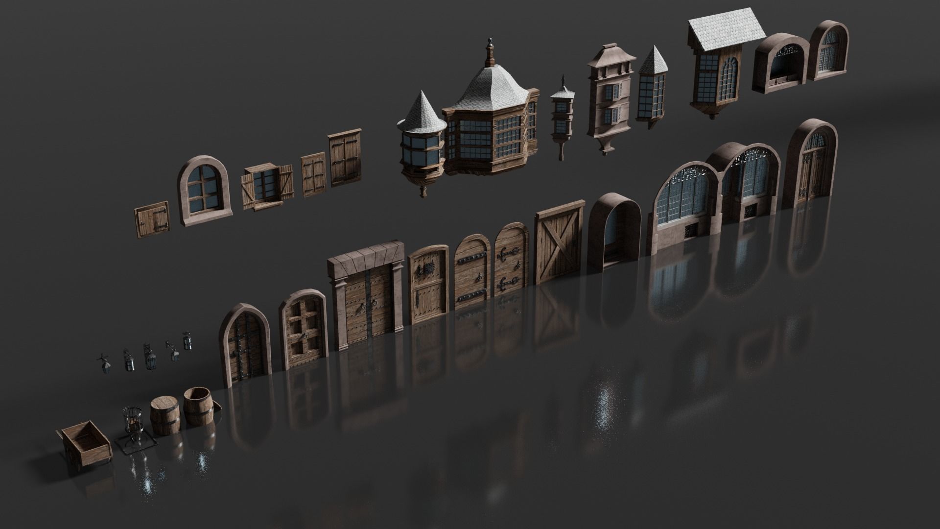 Medieval Door and Windows Low-poly 3D model_2