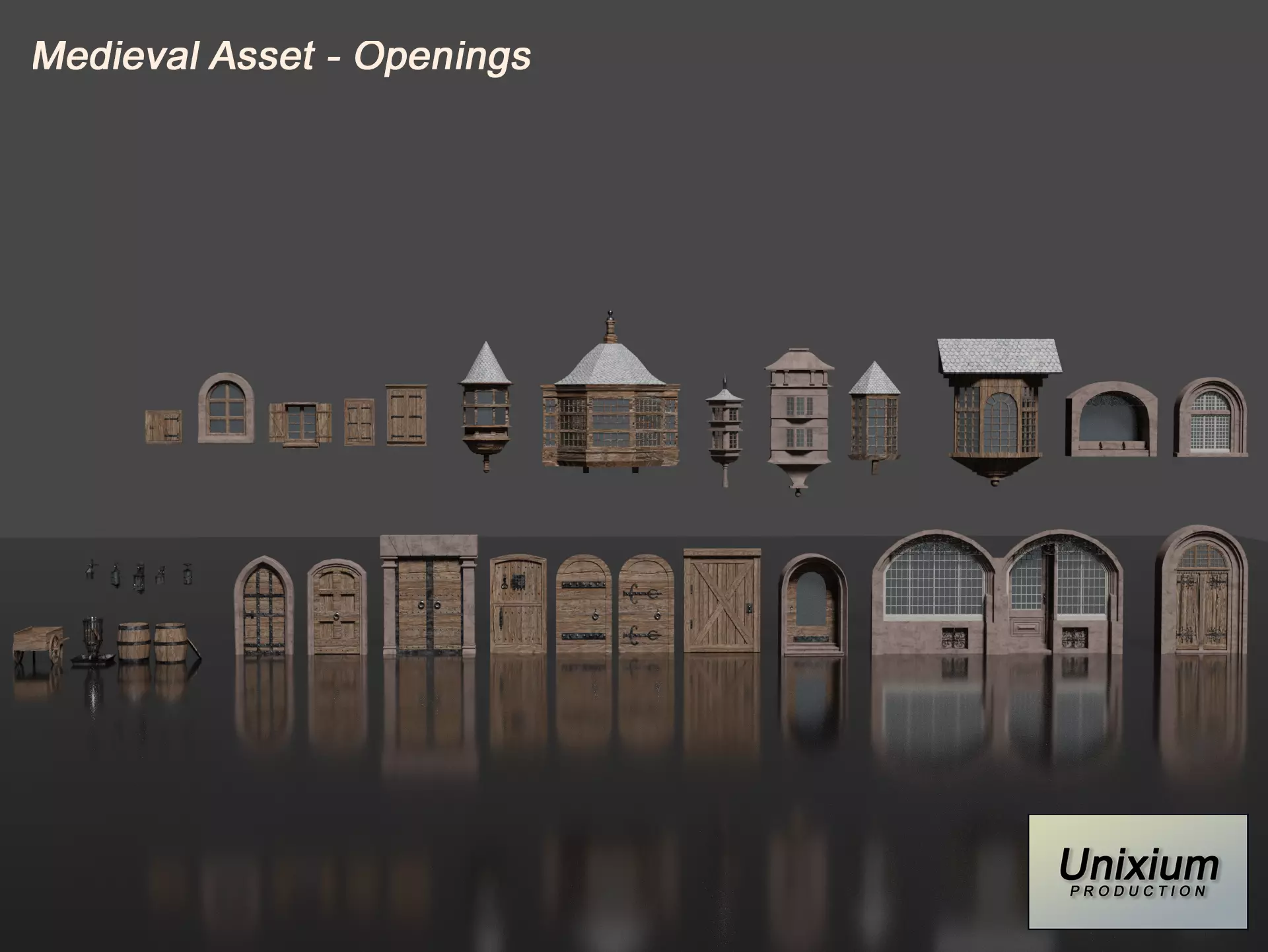 Medieval Door and Windows Low-poly 3D model_0