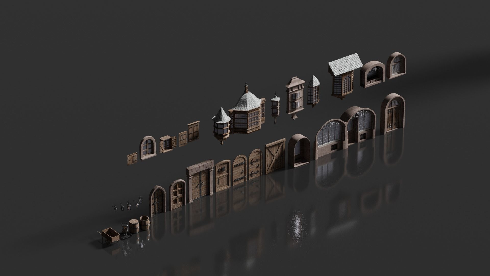 Medieval Door and Windows Low-poly 3D model_9
