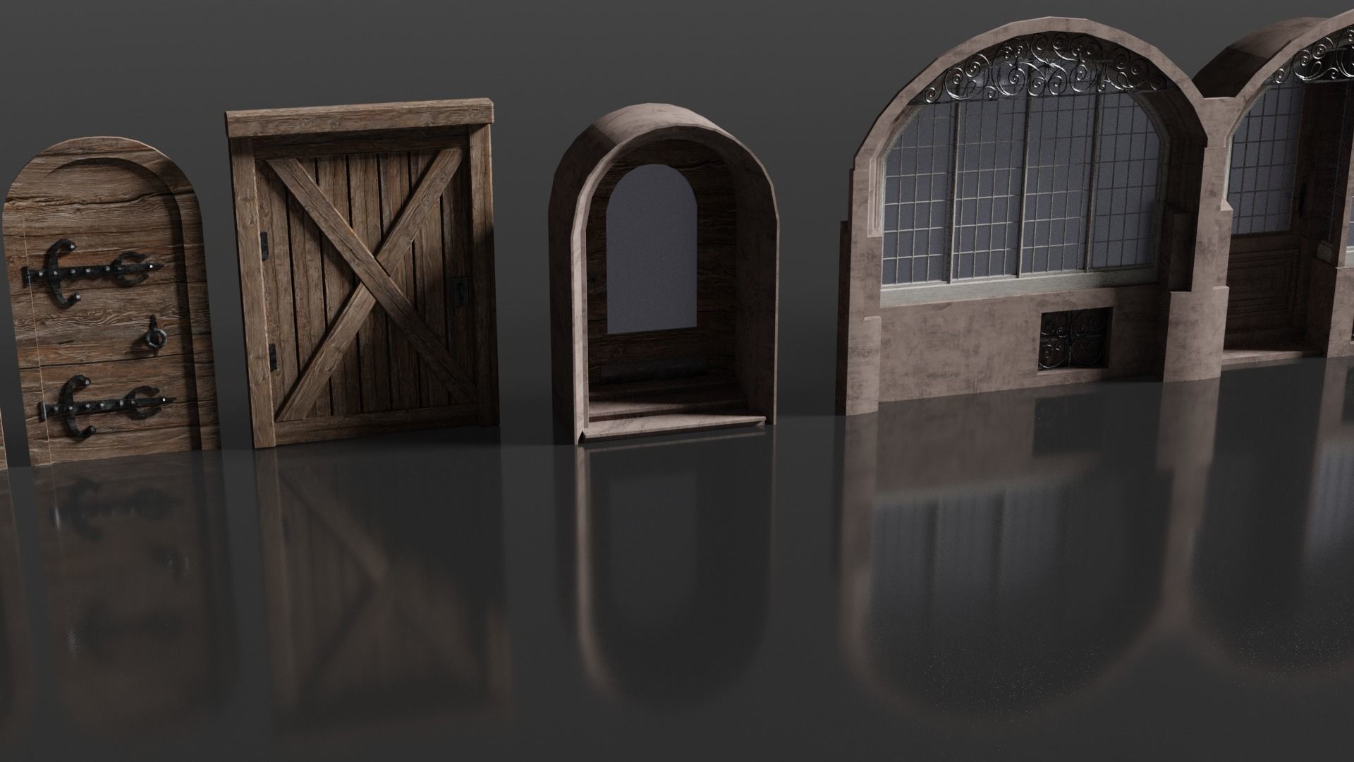 Medieval Door and Windows Low-poly 3D model_4