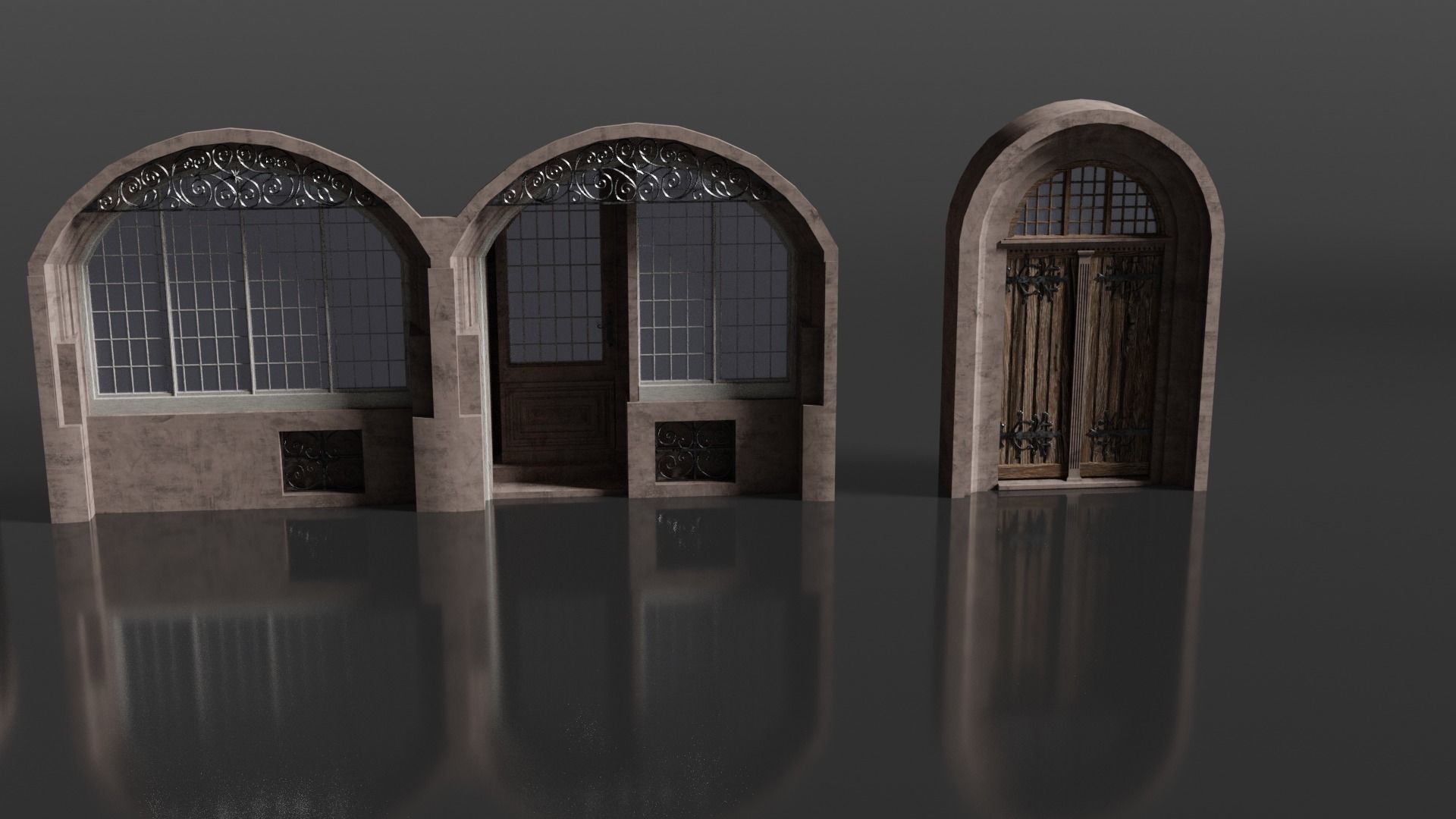 Medieval Door and Windows Low-poly 3D model_5
