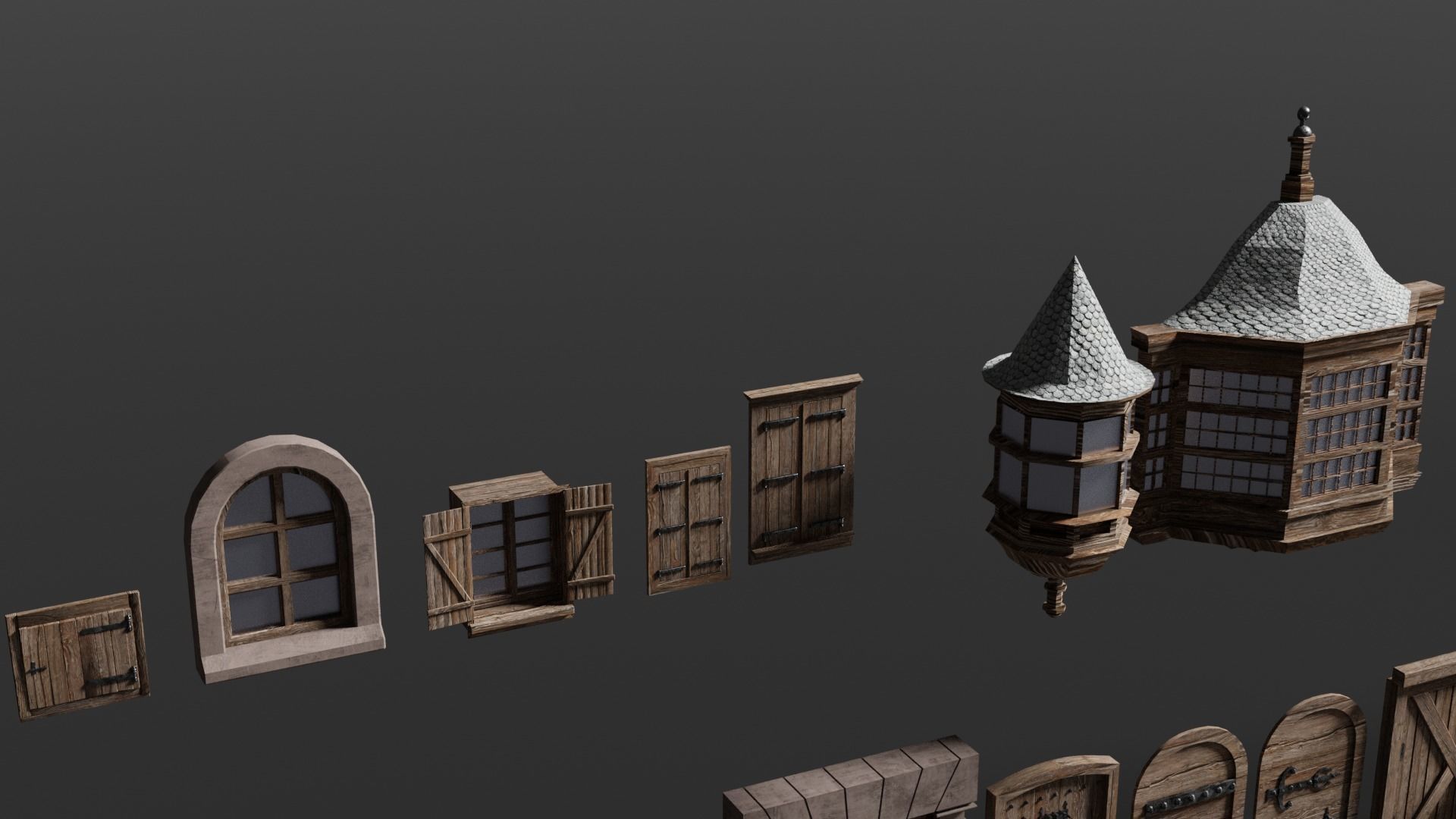 Medieval Door and Windows Low-poly 3D model_7