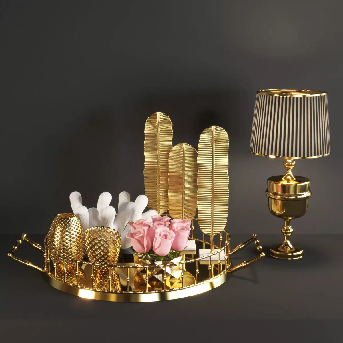 set134 gold tray with cactus 3D model_0