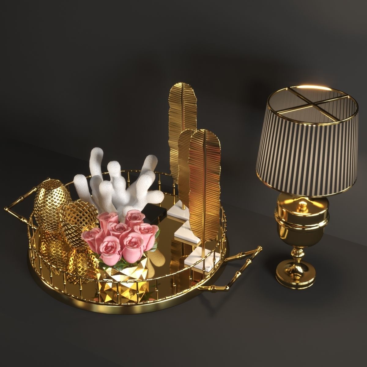 set134 gold tray with cactus 3D model_1
