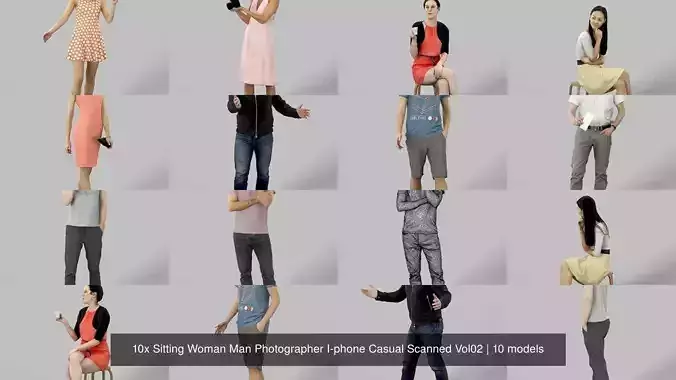 10x Sitting Woman Man Photographer I-phone Casual Scanned Vol02 3D Model Collection