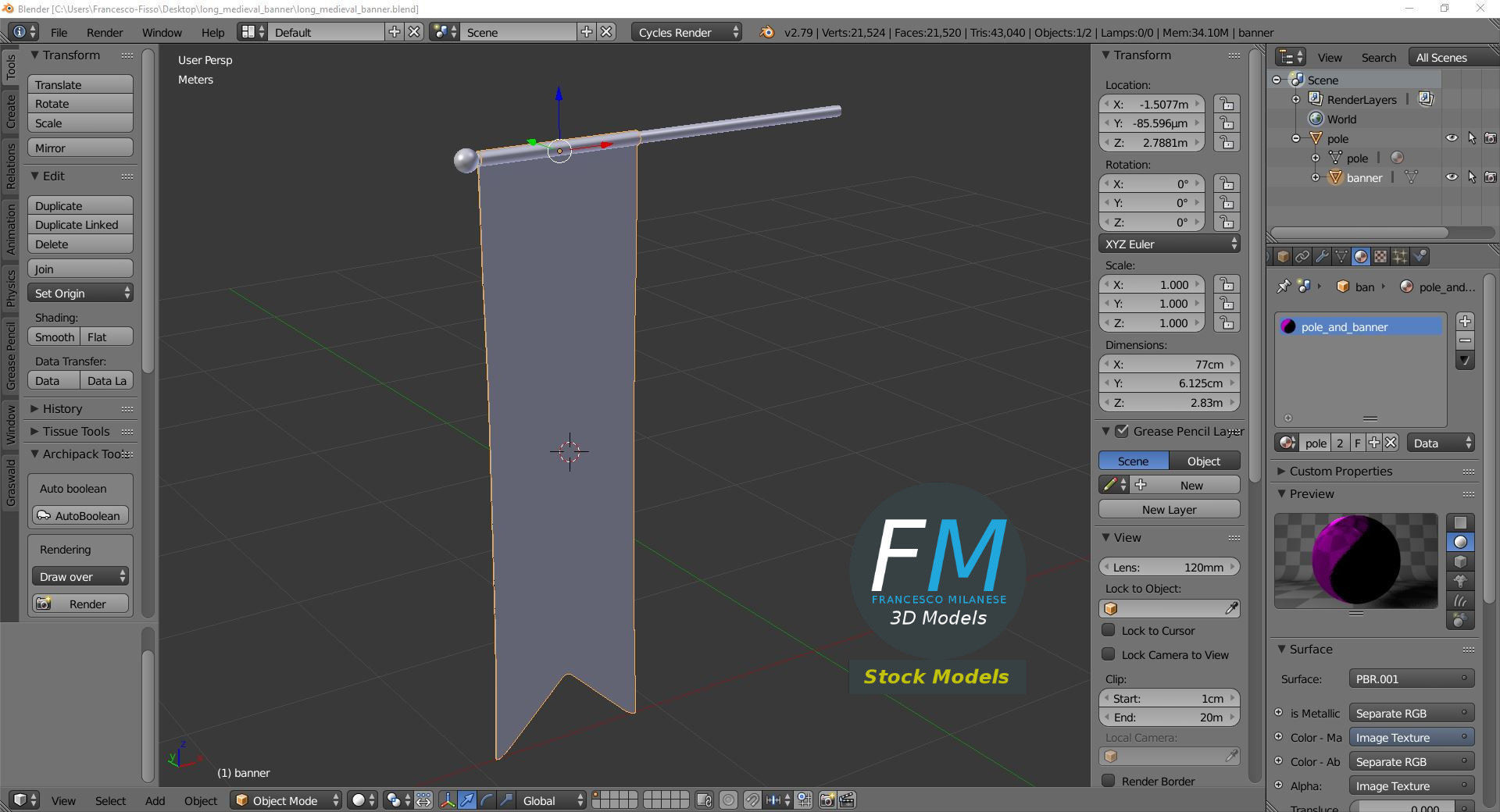 Long medieval banner 3D model_9