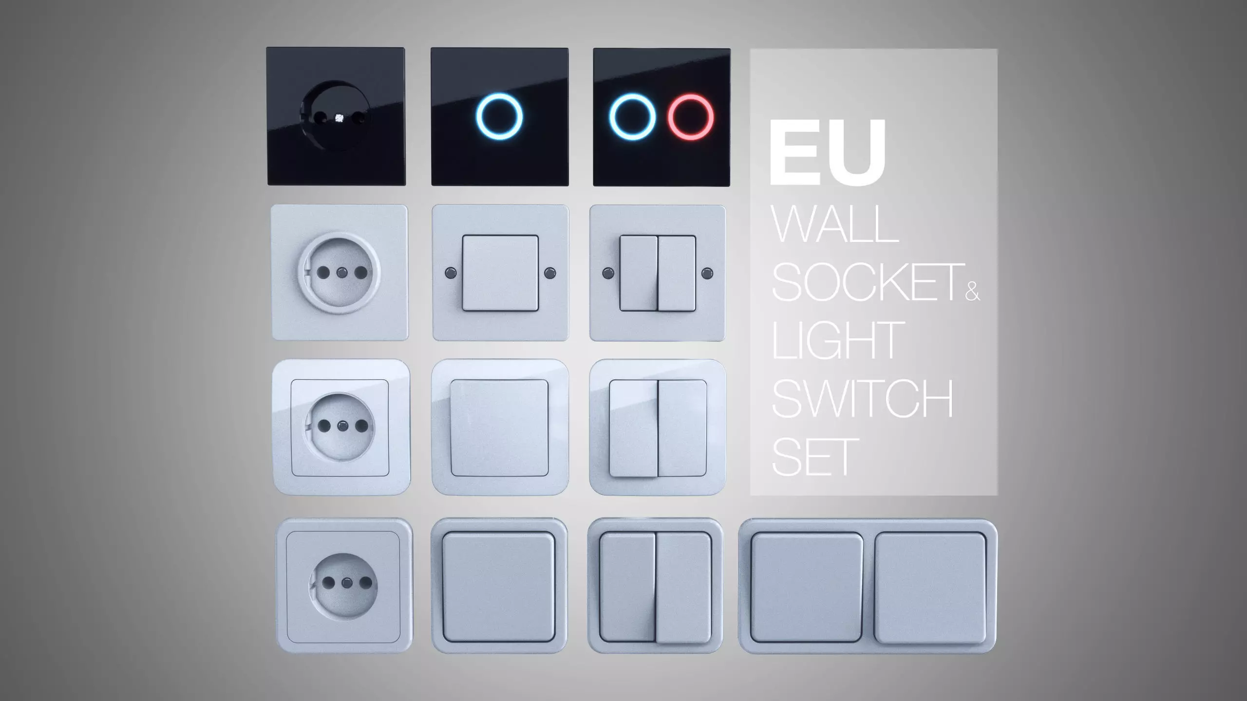 EU wall socket and light switch set 3D model_0