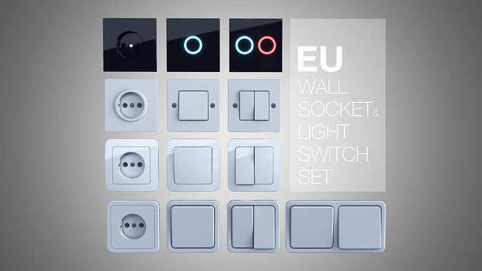 EU wall socket and light switch set 3D model