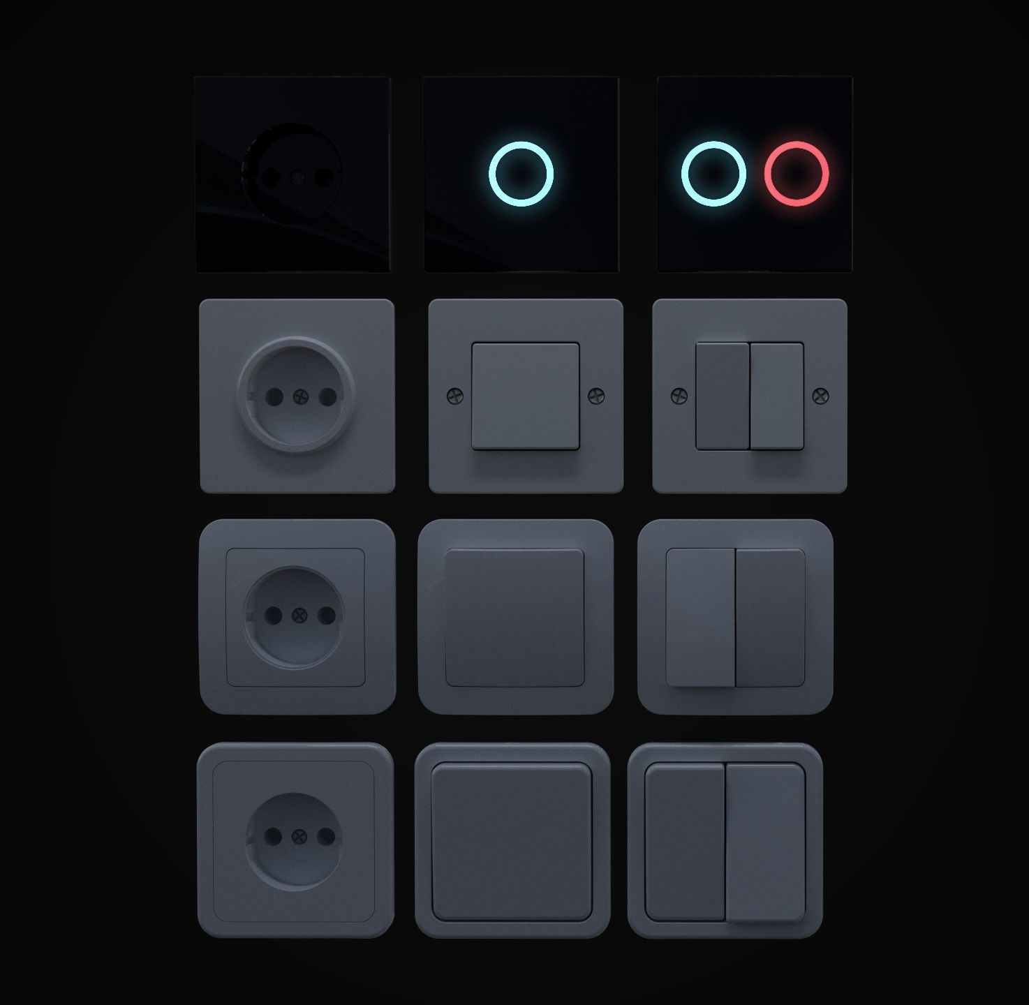 EU wall socket and light switch set 3D model_6