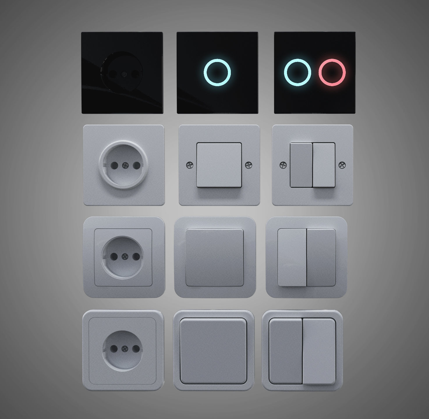 EU wall socket and light switch set 3D model_5